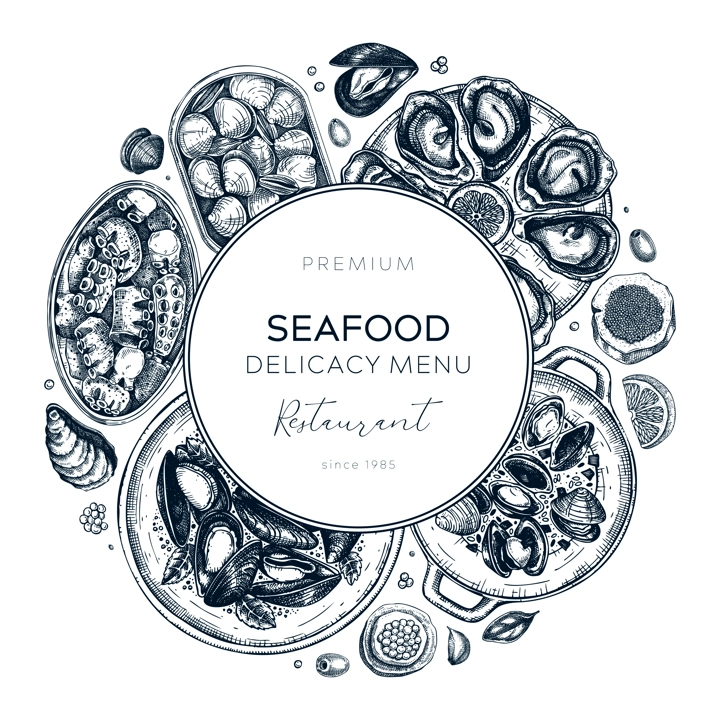 Seafood restaurant banner design. Hand drawn tinned fish and cooked shellfish illustrations - mussels, oysters, shrimps, caviar, clams, squids sketch style. Vector wreath  isolated on white background